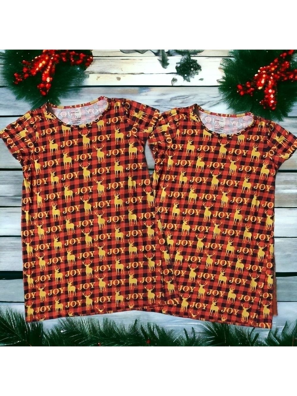 🎄 Pair of Christmas Print Sleepwear PJ T-shirts Short Sleeve Joy Reindeer